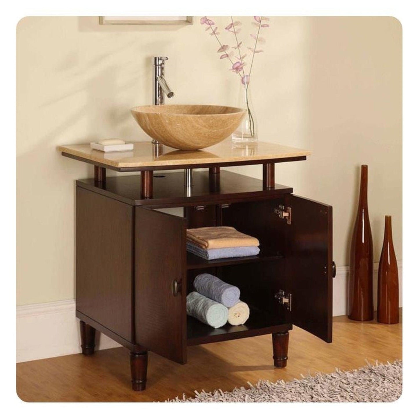 Silkroad Exclusive 29" Single Sink Dark Chestnut Bathroom Vanity With Travertine Bevel Edge Countertop