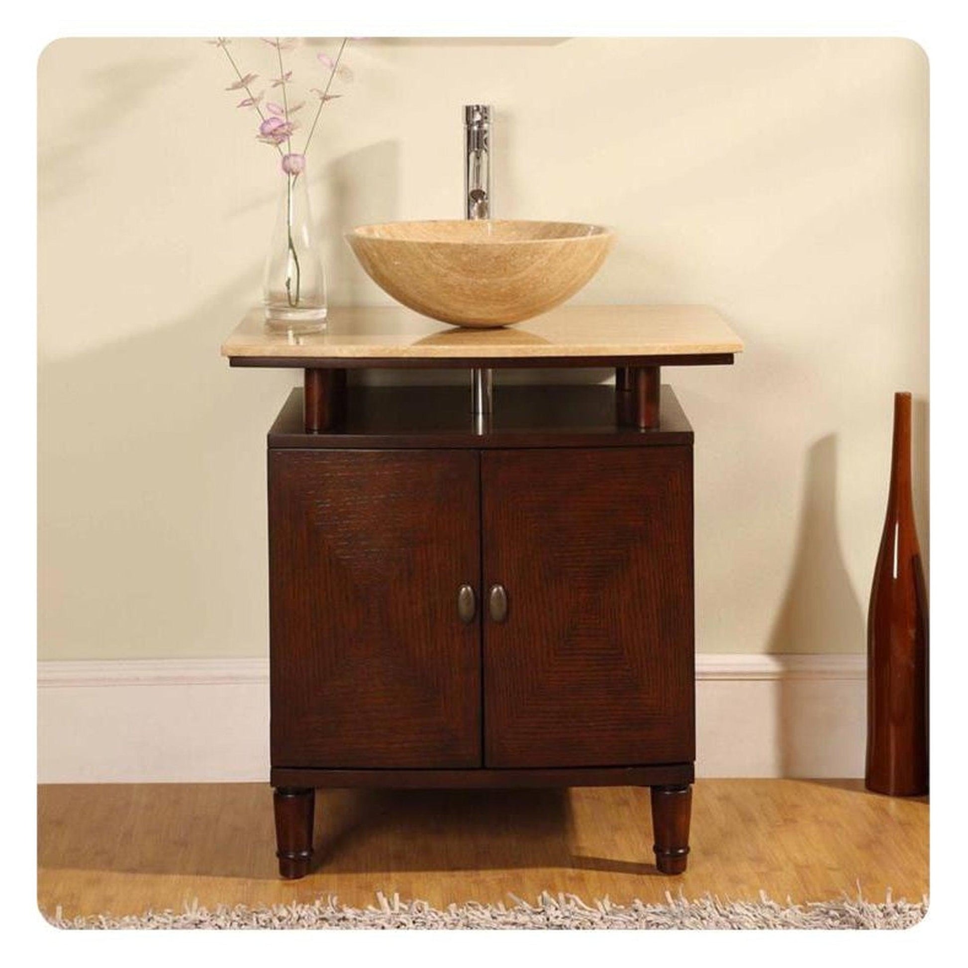 Silkroad Exclusive 29" Single Sink Dark Chestnut Bathroom Vanity With Travertine Bevel Edge Countertop