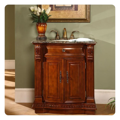 Silkroad Exclusive 33" Single Sink Cherry Bathroom Vanity With Baltic Brown Granite Countertop and Ivory Ceramic Undermount Sink