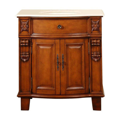 Silkroad Exclusive 33" Single Sink Cherry Bathroom Vanity With Crema Marfil Marble Countertop and Ivory Ceramic Undermount Sink