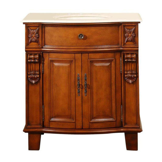 Silkroad Exclusive 33" Single Sink Cherry Bathroom Vanity With Crema Marfil Marble Countertop and Ivory Ceramic Undermount Sink