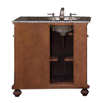 Silkroad Exclusive 36" Left Side Single Sink English Chestnut Bathroom Vanity With Baltic Brown Granite Countertop and White Ceramic Undermount Sink