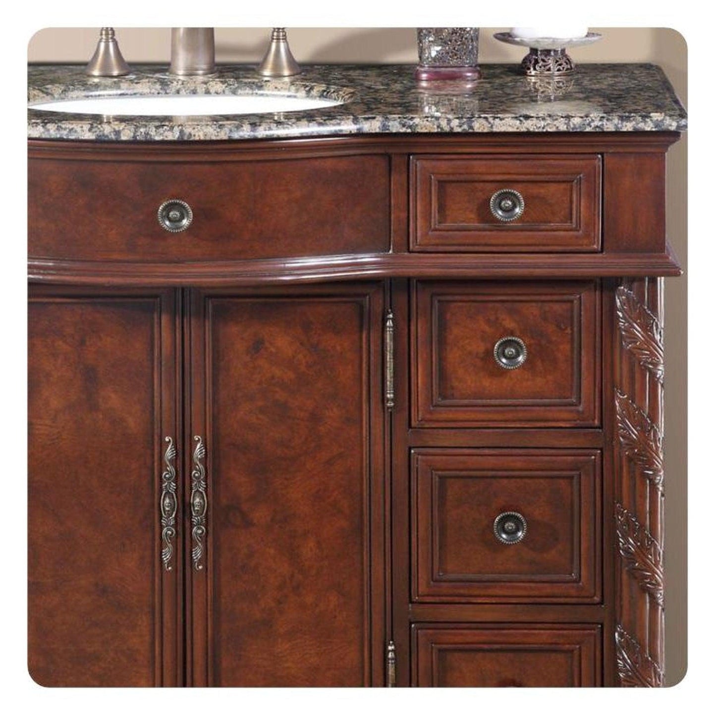 Silkroad Exclusive 36" Left Side Single Sink English Chestnut Bathroom Vanity With Baltic Brown Granite Countertop and White Ceramic Undermount Sink