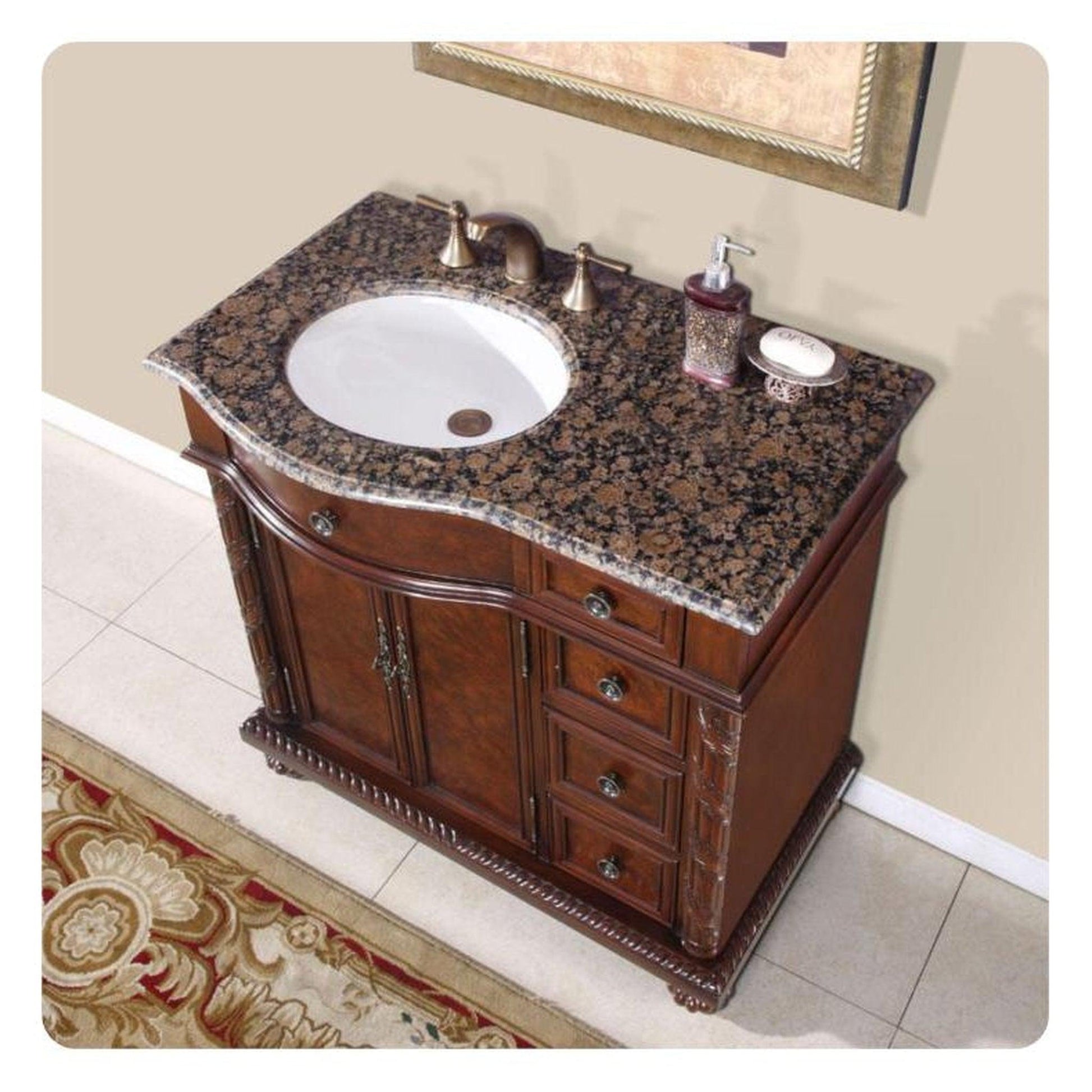 Silkroad Exclusive 36" Left Side Single Sink English Chestnut Bathroom Vanity With Baltic Brown Granite Countertop and White Ceramic Undermount Sink