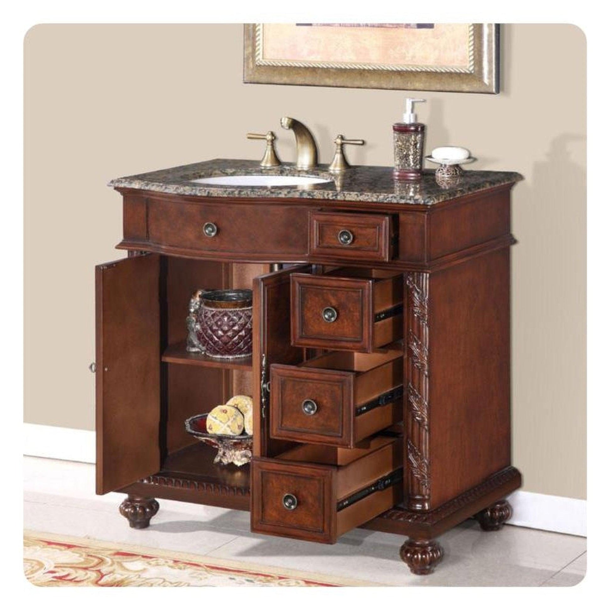 Silkroad Exclusive 36" Left Side Single Sink English Chestnut Bathroom Vanity With Baltic Brown Granite Countertop and White Ceramic Undermount Sink