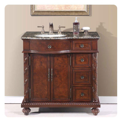 Silkroad Exclusive 36" Left Side Single Sink English Chestnut Bathroom Vanity With Baltic Brown Granite Countertop and White Ceramic Undermount Sink