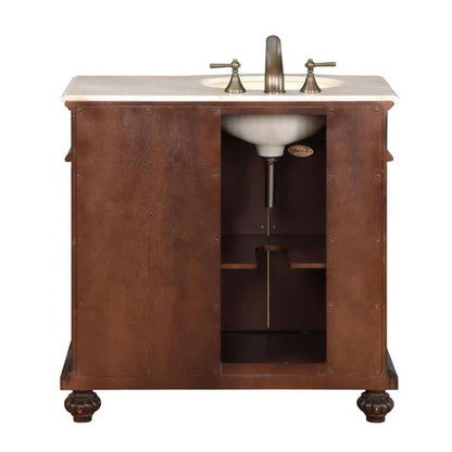 Silkroad Exclusive 36" Left Side Single Sink English Chestnut Bathroom Vanity With Crema Marfil Marble Countertop and Ivory Ceramic Undermount Sink