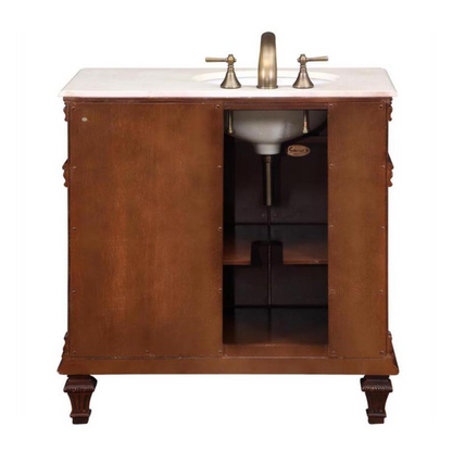 Silkroad Exclusive 36" Left Side Single Sink Vermont Maple Bathroom Vanity With Crema Marfil Marble Countertop and White Ceramic Undermount Sink