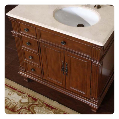 Silkroad Exclusive 36" Left Side Single Sink Vermont Maple Bathroom Vanity With Crema Marfil Marble Countertop and White Ceramic Undermount Sink