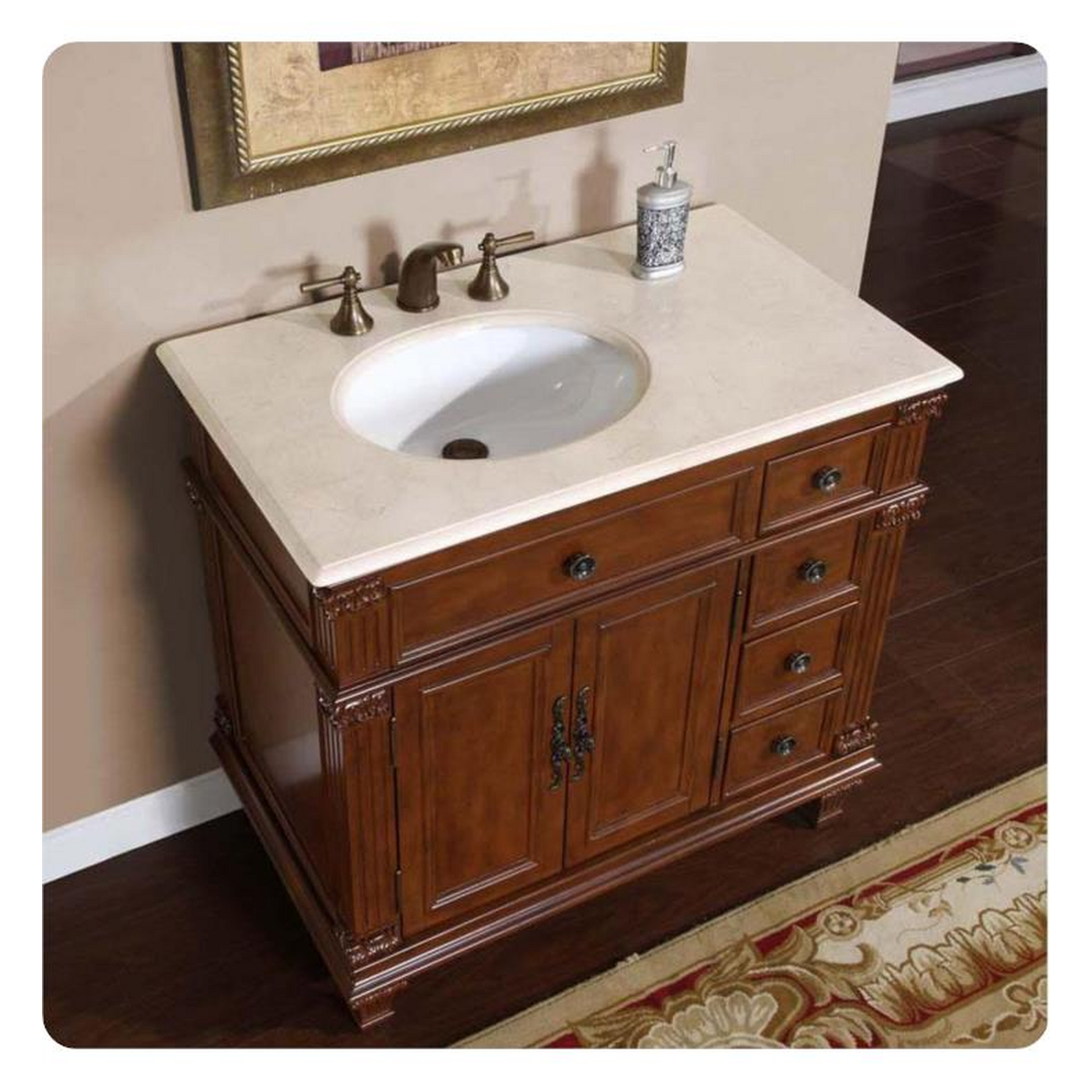 Silkroad Exclusive 36" Left Side Single Sink Vermont Maple Bathroom Vanity With Crema Marfil Marble Countertop and White Ceramic Undermount Sink