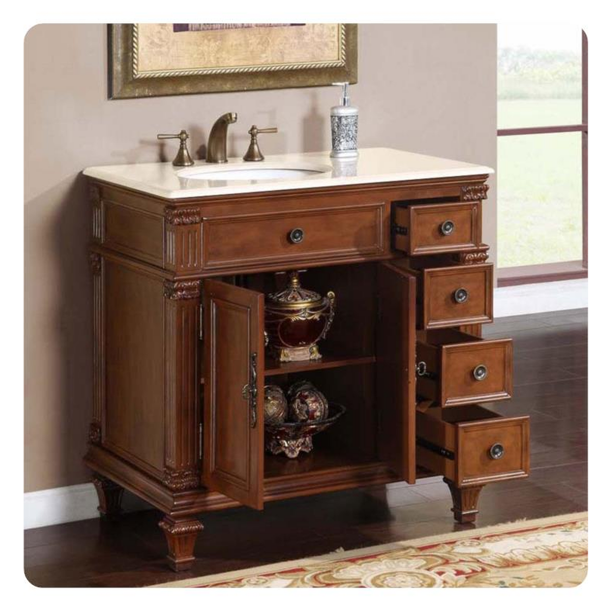 Silkroad Exclusive 36" Left Side Single Sink Vermont Maple Bathroom Vanity With Crema Marfil Marble Countertop and White Ceramic Undermount Sink