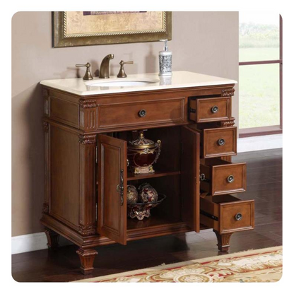 Silkroad Exclusive 36" Left Side Single Sink Vermont Maple Bathroom Vanity With Crema Marfil Marble Countertop and White Ceramic Undermount Sink