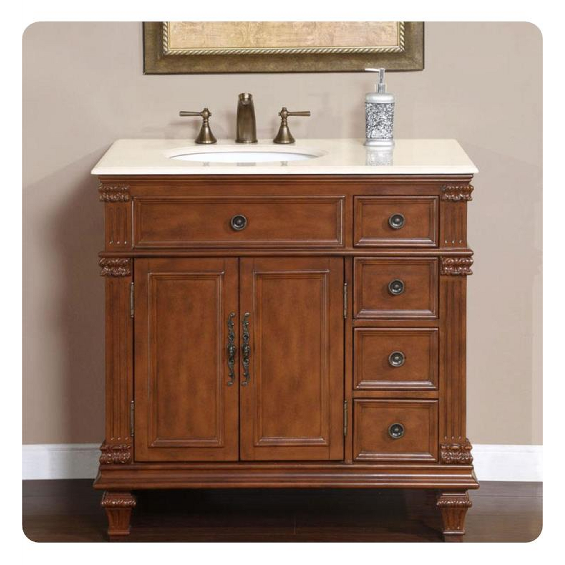 Silkroad Exclusive 36" Left Side Single Sink Vermont Maple Bathroom Vanity With Crema Marfil Marble Countertop and White Ceramic Undermount Sink