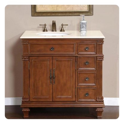 Silkroad Exclusive 36" Left Side Single Sink Vermont Maple Bathroom Vanity With Crema Marfil Marble Countertop and White Ceramic Undermount Sink