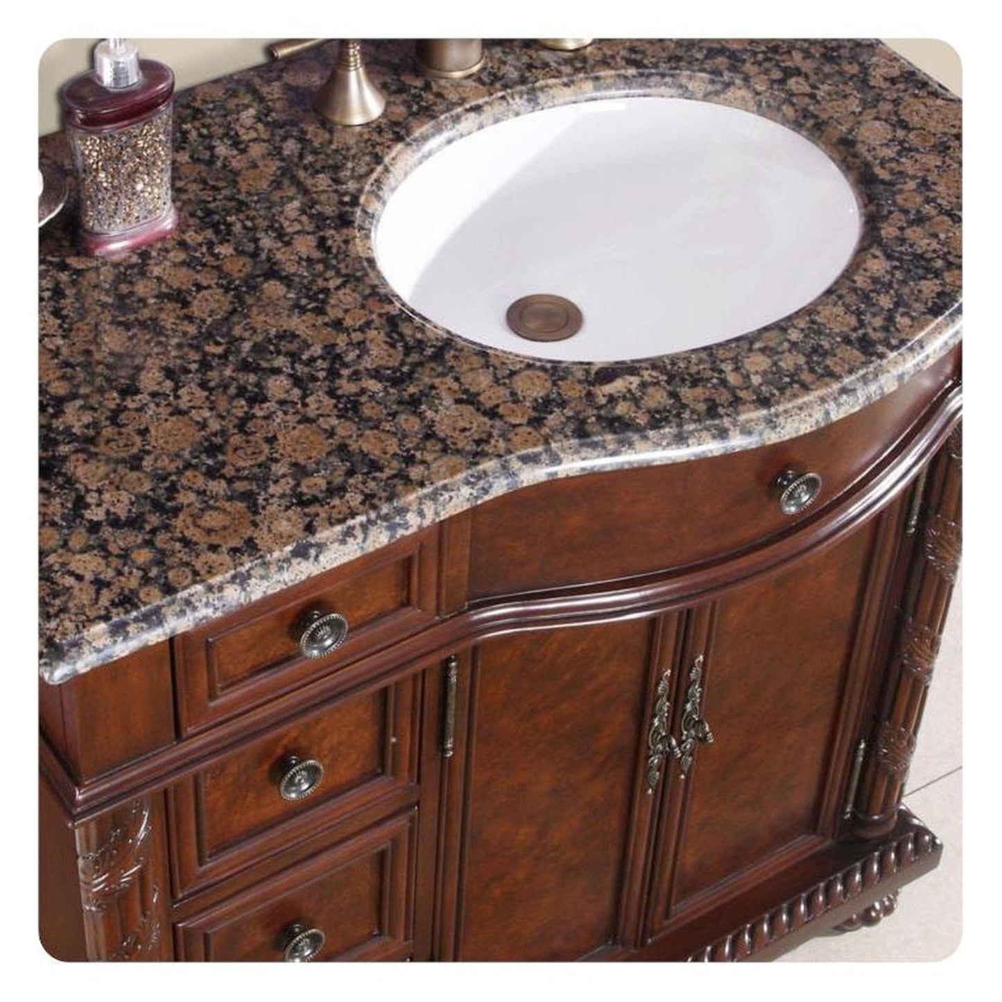 Silkroad Exclusive 36" Right Side Single Sink English Chestnut Bathroom Vanity With Baltic Brown Granite Countertop and White Ceramic Undermount Sink