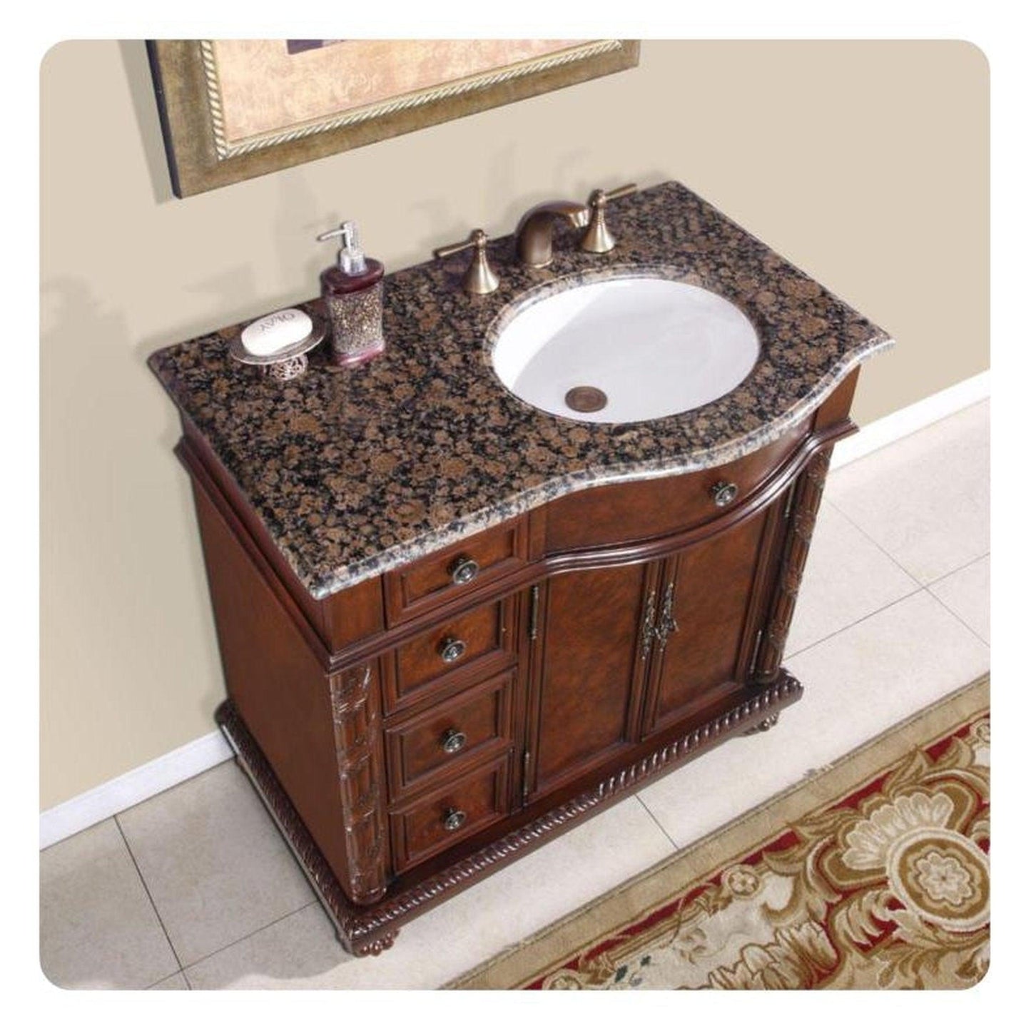 Silkroad Exclusive 36" Right Side Single Sink English Chestnut Bathroom Vanity With Baltic Brown Granite Countertop and White Ceramic Undermount Sink