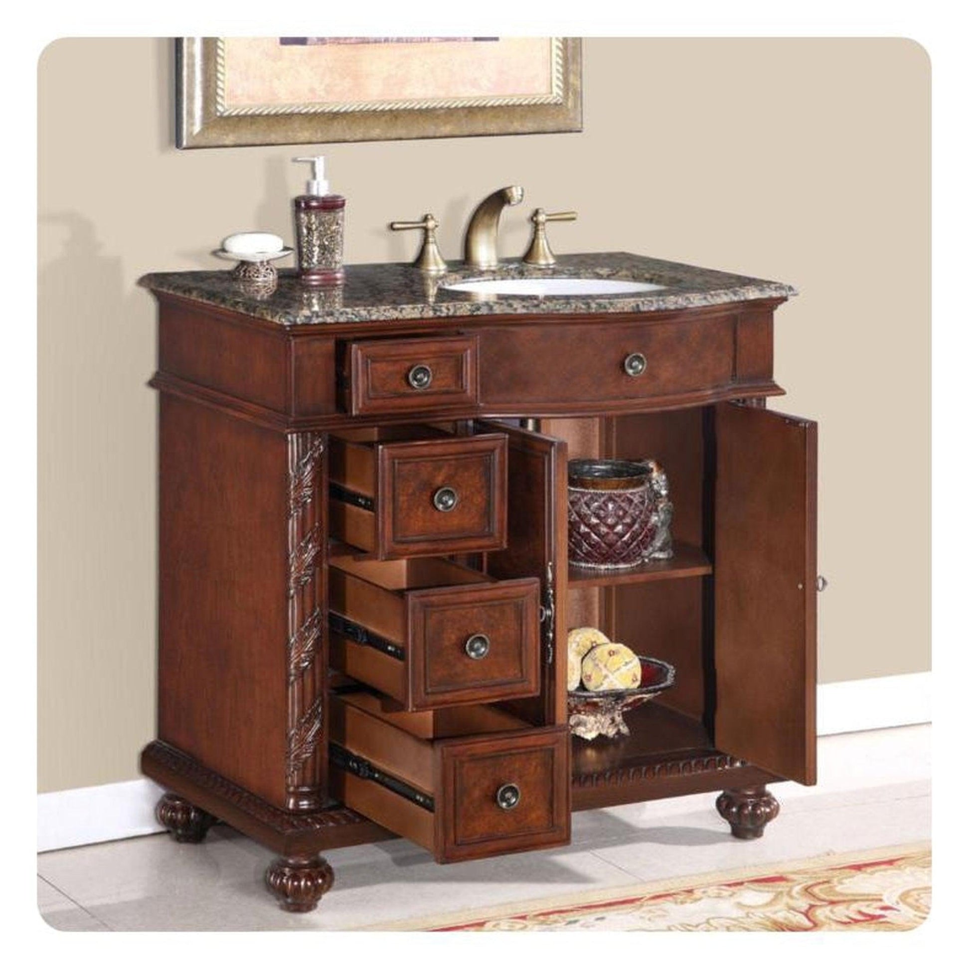 Silkroad Exclusive 36" Right Side Single Sink English Chestnut Bathroom Vanity With Baltic Brown Granite Countertop and White Ceramic Undermount Sink