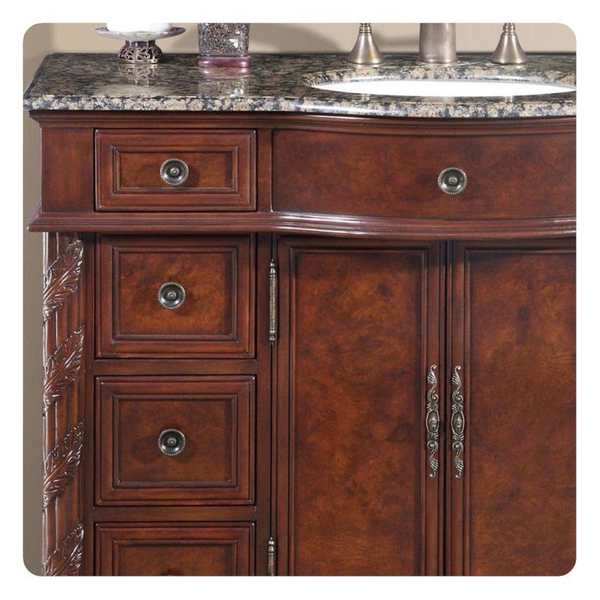 Silkroad Exclusive 36" Right Side Single Sink English Chestnut Bathroom Vanity With Baltic Brown Granite Countertop and White Ceramic Undermount Sink