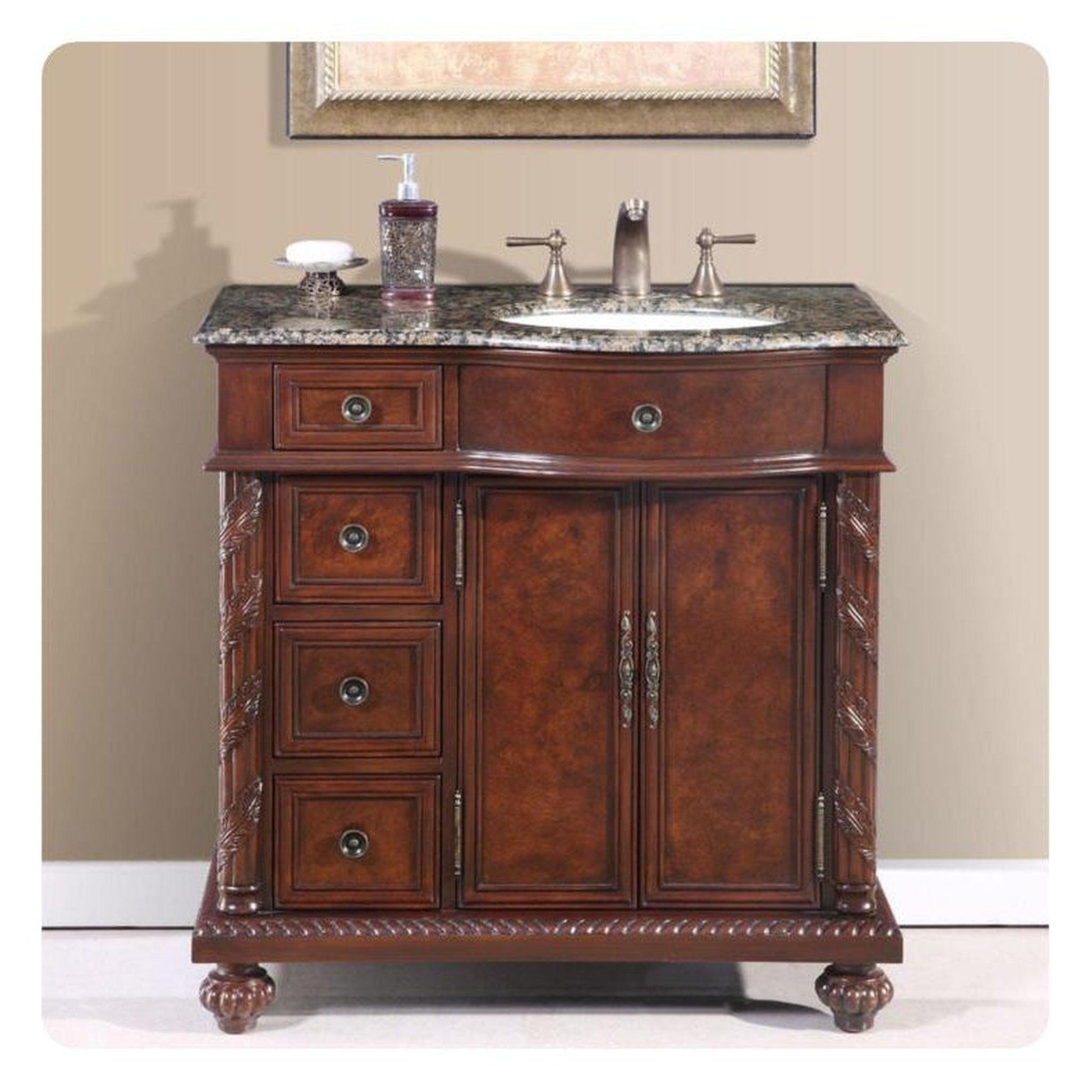 Silkroad Exclusive 36" Right Side Single Sink English Chestnut Bathroom Vanity With Baltic Brown Granite Countertop and White Ceramic Undermount Sink