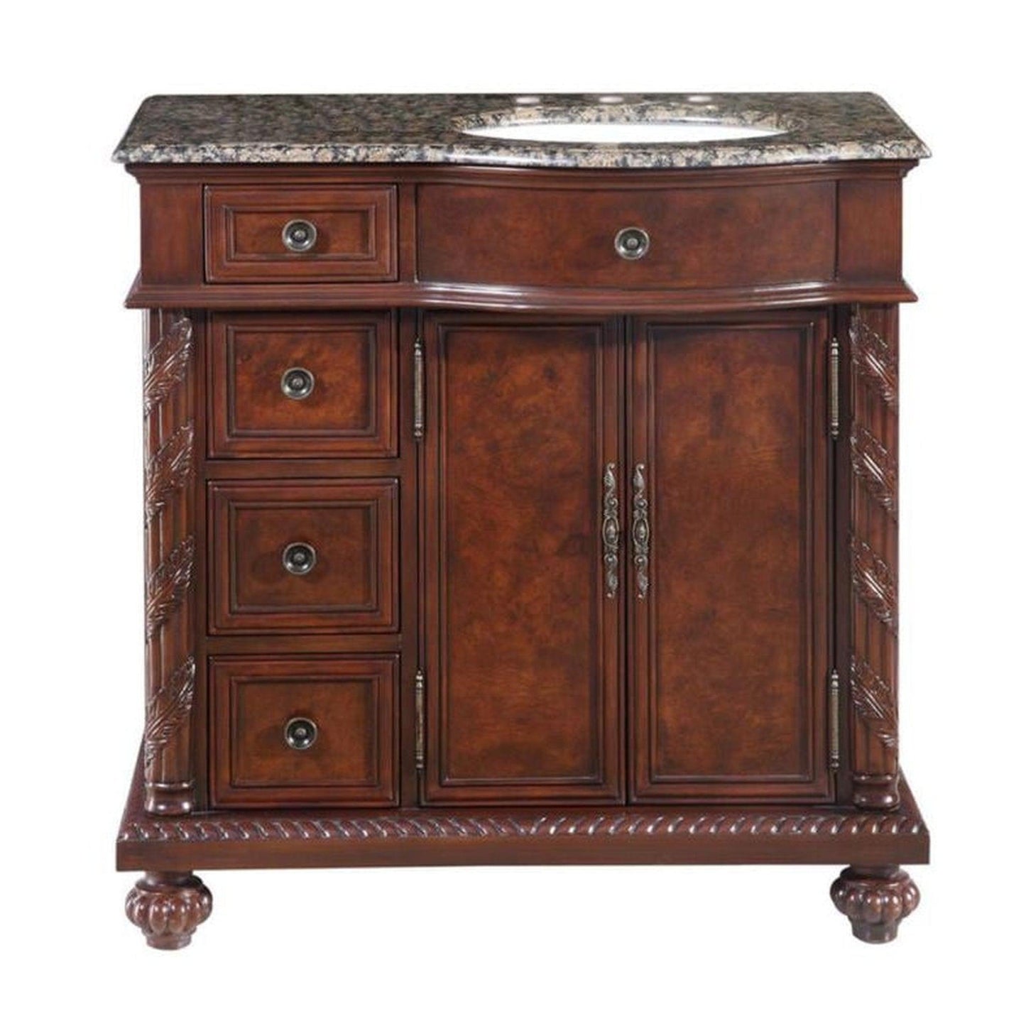 Silkroad Exclusive 36" Right Side Single Sink English Chestnut Bathroom Vanity With Baltic Brown Granite Countertop and White Ceramic Undermount Sink