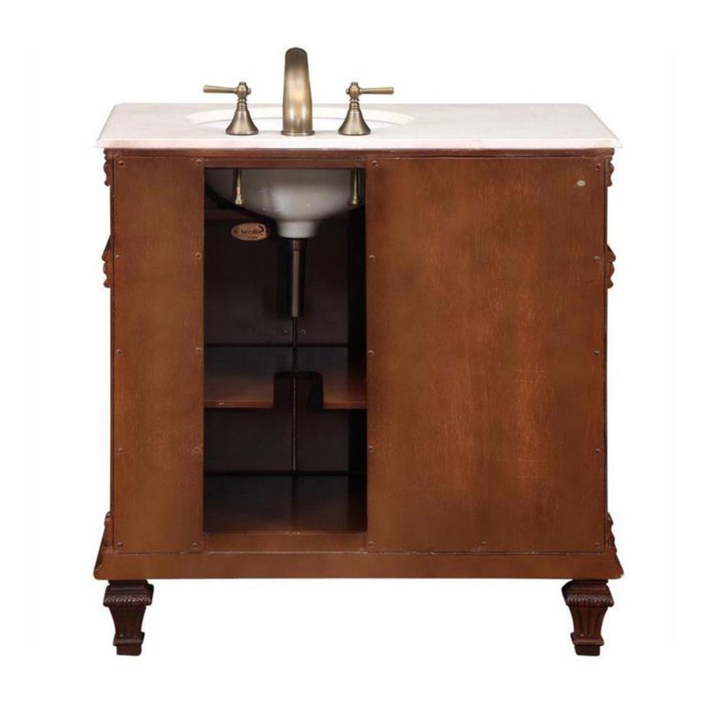 Silkroad Exclusive 36" Right Side Single Sink Vermont Maple Bathroom Vanity With Crema Marfil Marble Countertop and White Ceramic Undermount Sink