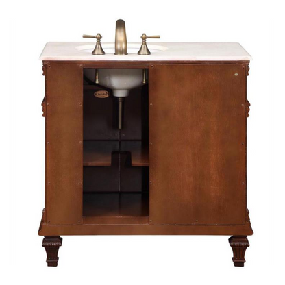 Silkroad Exclusive 36" Right Side Single Sink Vermont Maple Bathroom Vanity With Crema Marfil Marble Countertop and White Ceramic Undermount Sink