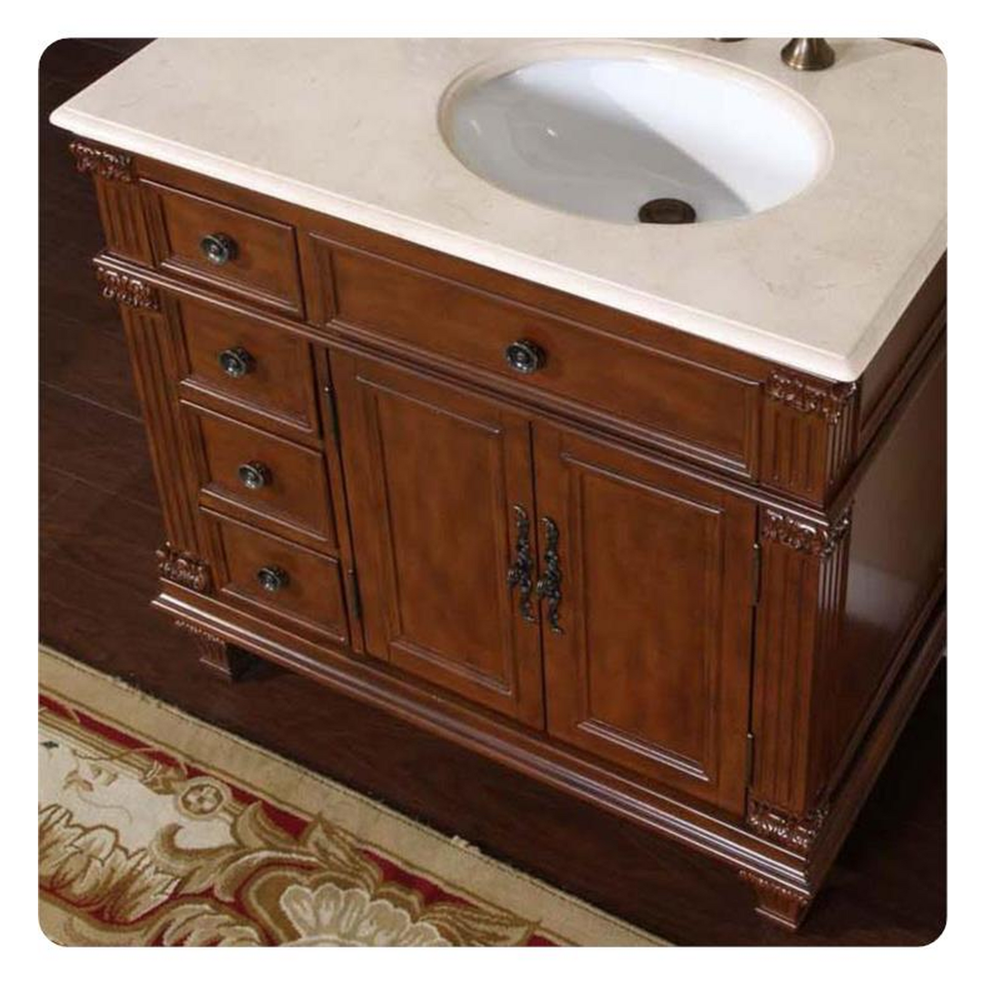 Silkroad Exclusive 36" Right Side Single Sink Vermont Maple Bathroom Vanity With Crema Marfil Marble Countertop and White Ceramic Undermount Sink