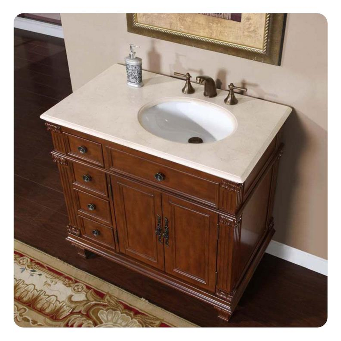 Silkroad Exclusive 36" Right Side Single Sink Vermont Maple Bathroom Vanity With Crema Marfil Marble Countertop and White Ceramic Undermount Sink