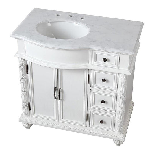 Silkroad Exclusive 36" Single Left Sink Antique White Bathroom Vanity With Carrara White Marble Countertop and White Ceramic Undermount Sink