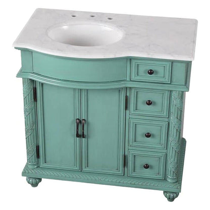 Silkroad Exclusive 36" Single Left Sink Vintage Green Bathroom Vanity With Carrara White Marble Countertop and White Ceramic Undermount Sink