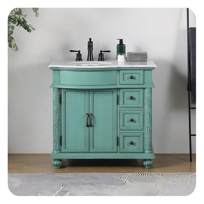 Silkroad Exclusive 36" Single Left Sink Vintage Green Bathroom Vanity With Carrara White Marble Countertop and White Ceramic Undermount Sink