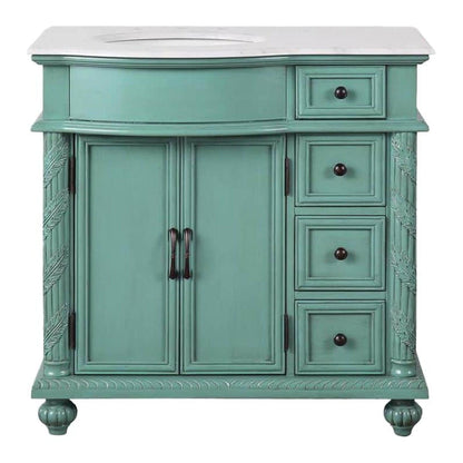 Silkroad Exclusive 36" Single Left Sink Vintage Green Bathroom Vanity With Carrara White Marble Countertop and White Ceramic Undermount Sink