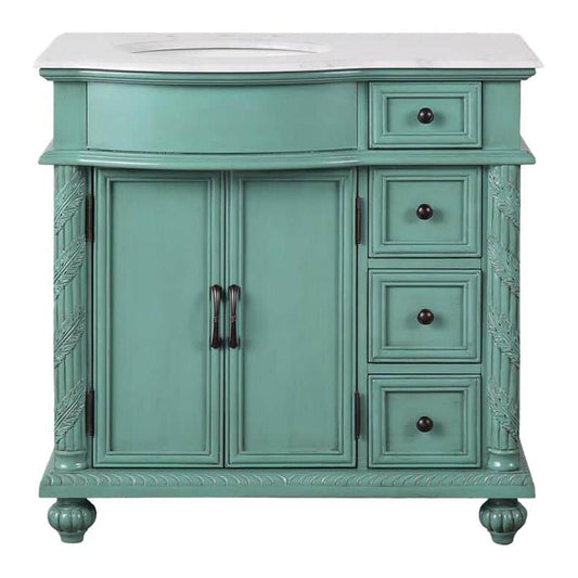 Silkroad Exclusive 36" Single Left Sink Vintage Green Bathroom Vanity With Carrara White Marble Countertop and White Ceramic Undermount Sink