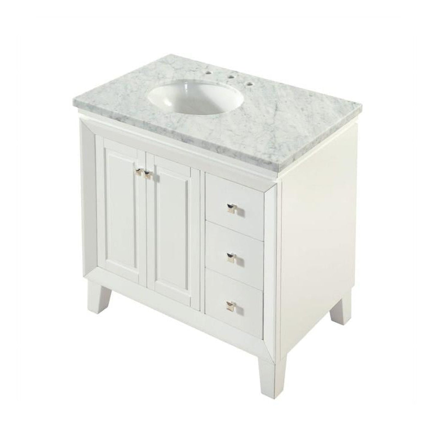 Silkroad Exclusive 36" Single Left Sink White Bathroom Vanity With Carrara White Marble Countertop and White Ceramic Undermount Sink