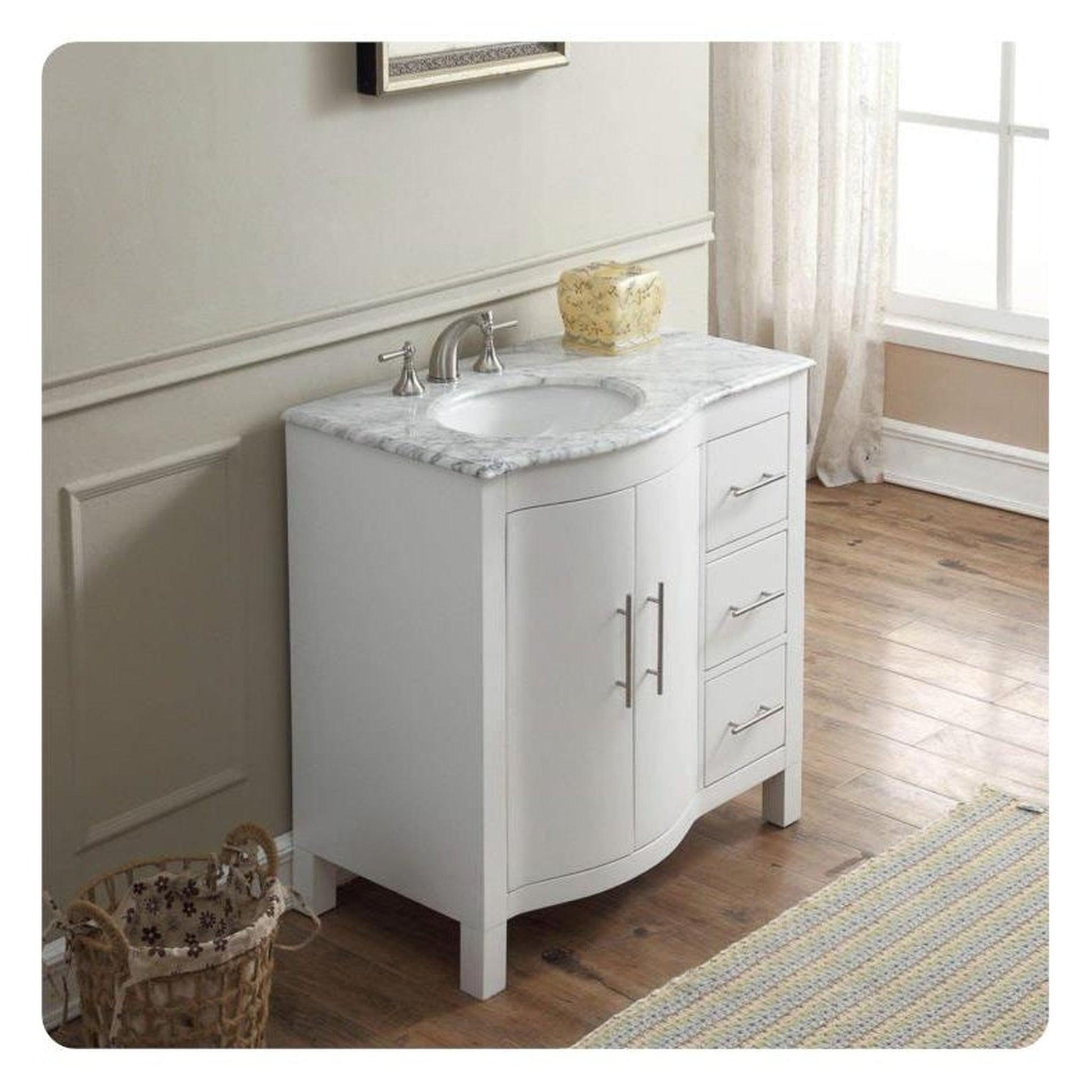 Silkroad Exclusive 36" Single Left Sink White Bathroom Vanity With Carrara White Marble Countertop and White Ceramic Undermount Sink