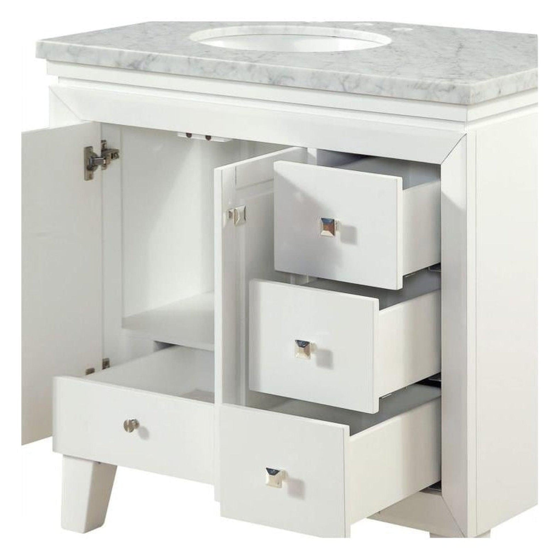 Silkroad Exclusive 36" Single Left Sink White Bathroom Vanity With Carrara White Marble Countertop and White Ceramic Undermount Sink