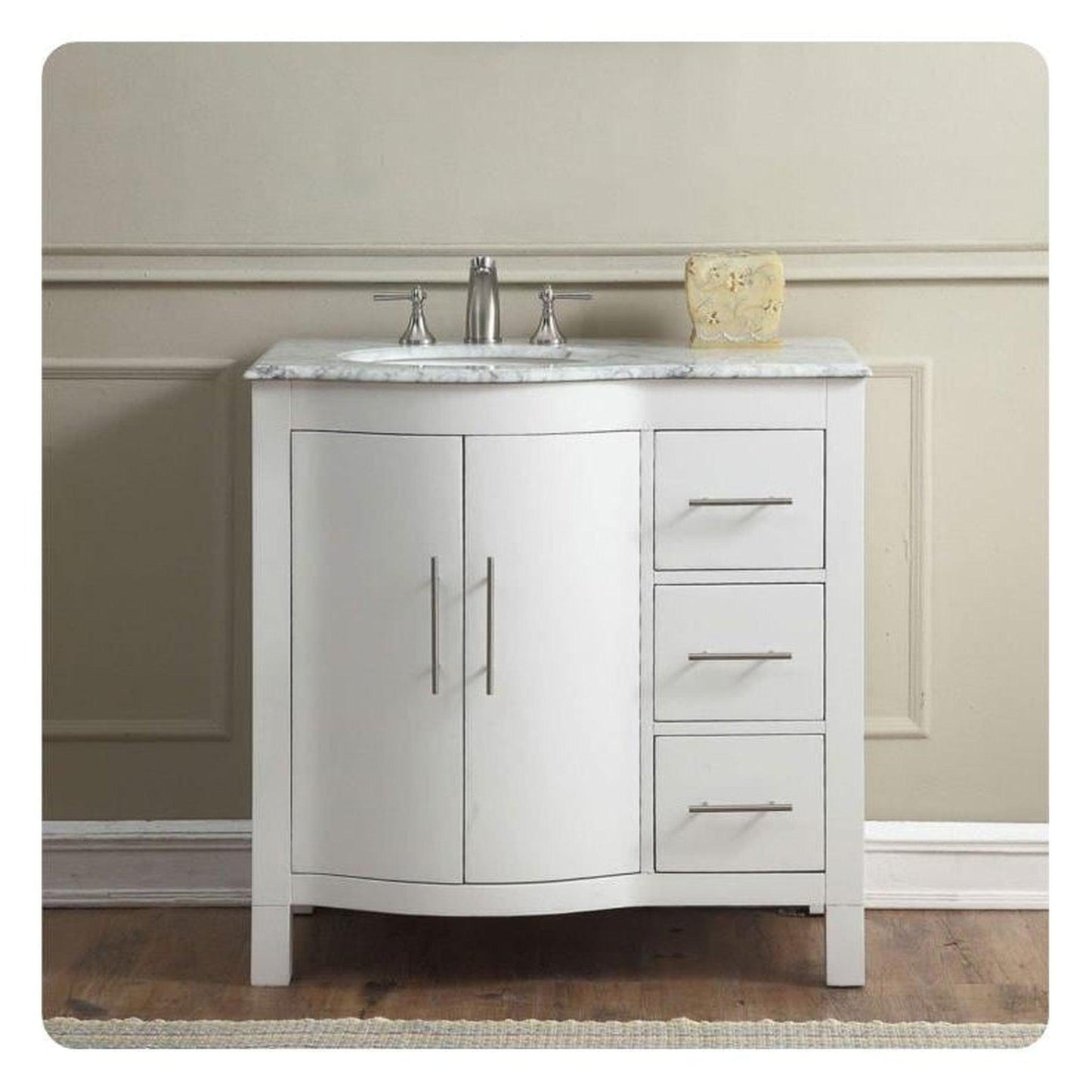 Silkroad Exclusive 36" Single Left Sink White Bathroom Vanity With Carrara White Marble Countertop and White Ceramic Undermount Sink