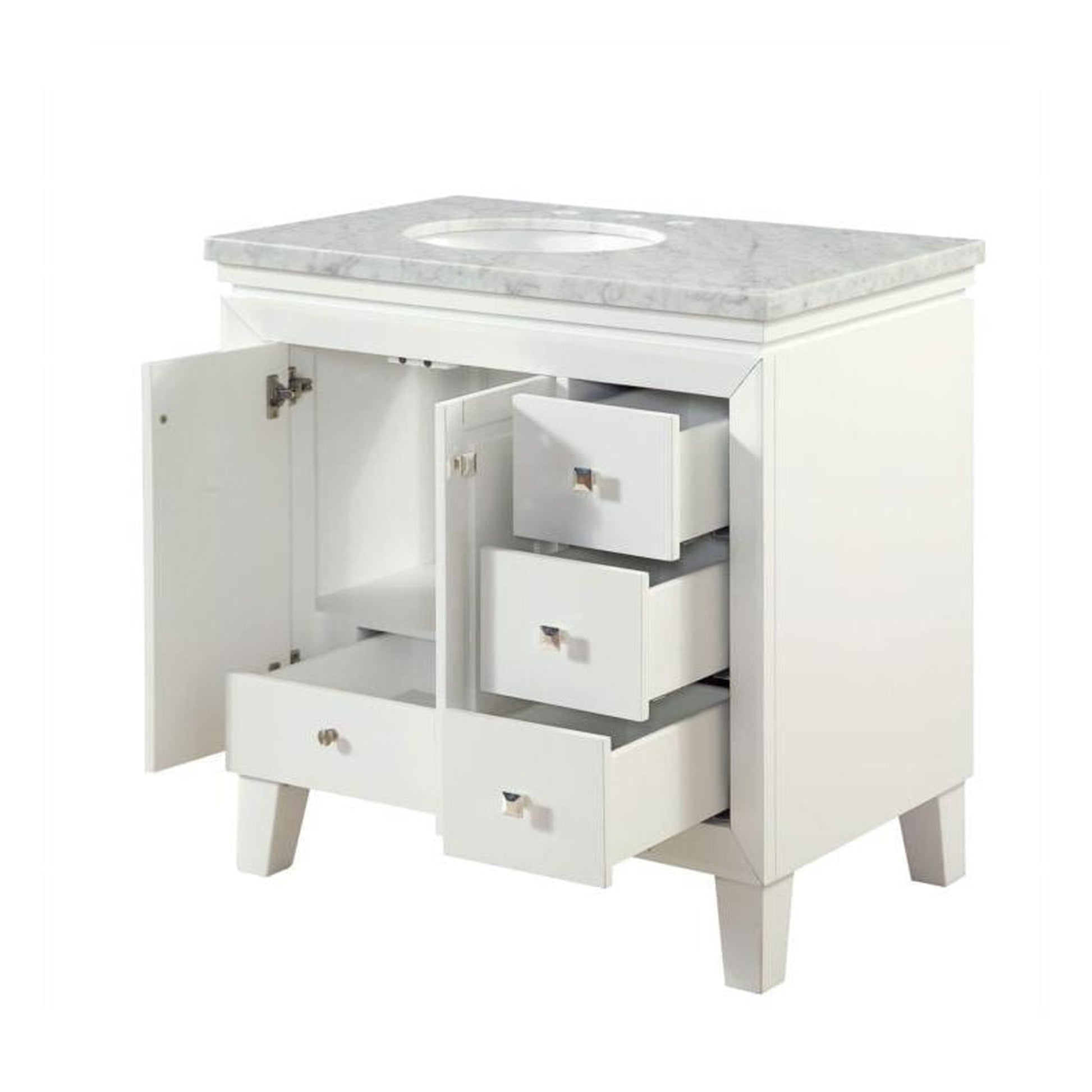 Silkroad Exclusive 36" Single Left Sink White Bathroom Vanity With Carrara White Marble Countertop and White Ceramic Undermount Sink