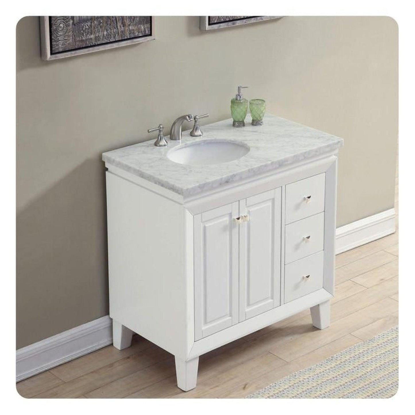 Silkroad Exclusive 36" Single Left Sink White Bathroom Vanity With Carrara White Marble Countertop and White Ceramic Undermount Sink