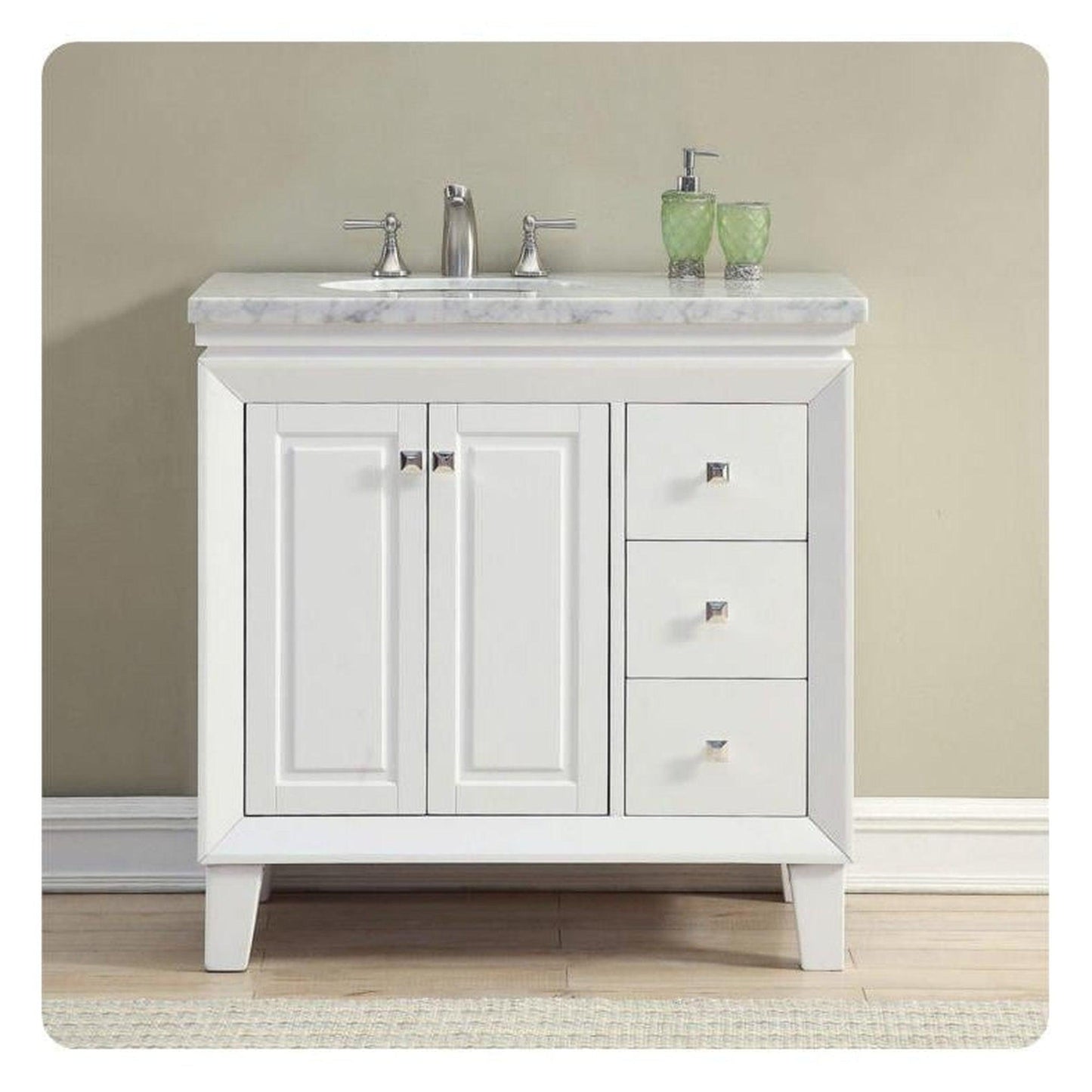 Silkroad Exclusive 36" Single Left Sink White Bathroom Vanity With Carrara White Marble Countertop and White Ceramic Undermount Sink