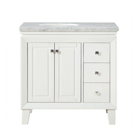 Silkroad Exclusive 36" Single Left Sink White Bathroom Vanity With Carrara White Marble Countertop and White Ceramic Undermount Sink