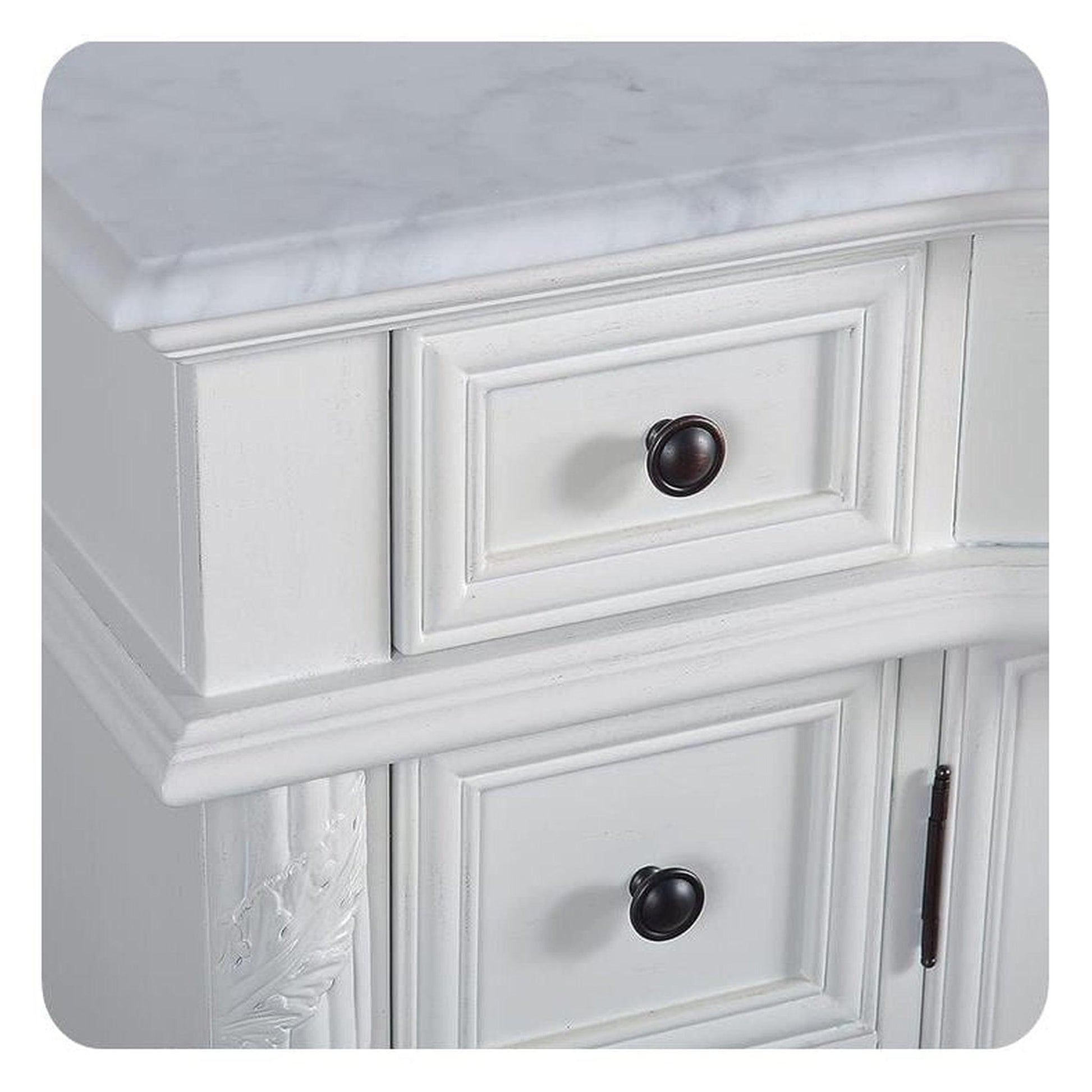 Silkroad Exclusive 36" Single Right Sink Antique White Bathroom Vanity With Carrara White Marble Countertop and White Ceramic Undermount Sink