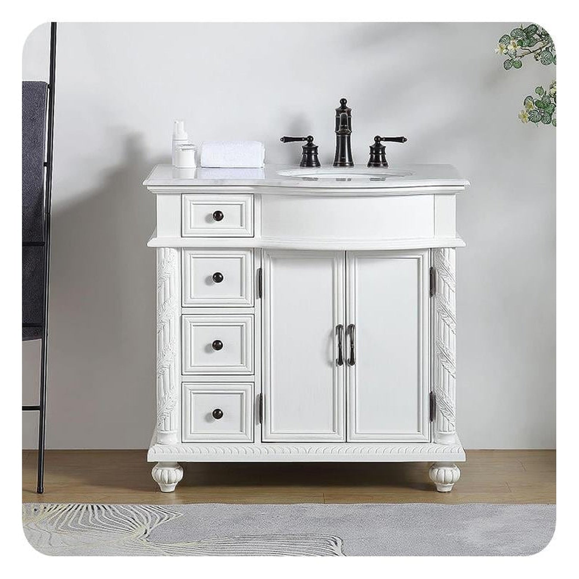 Silkroad Exclusive 36" Single Right Sink Antique White Bathroom Vanity With Carrara White Marble Countertop and White Ceramic Undermount Sink