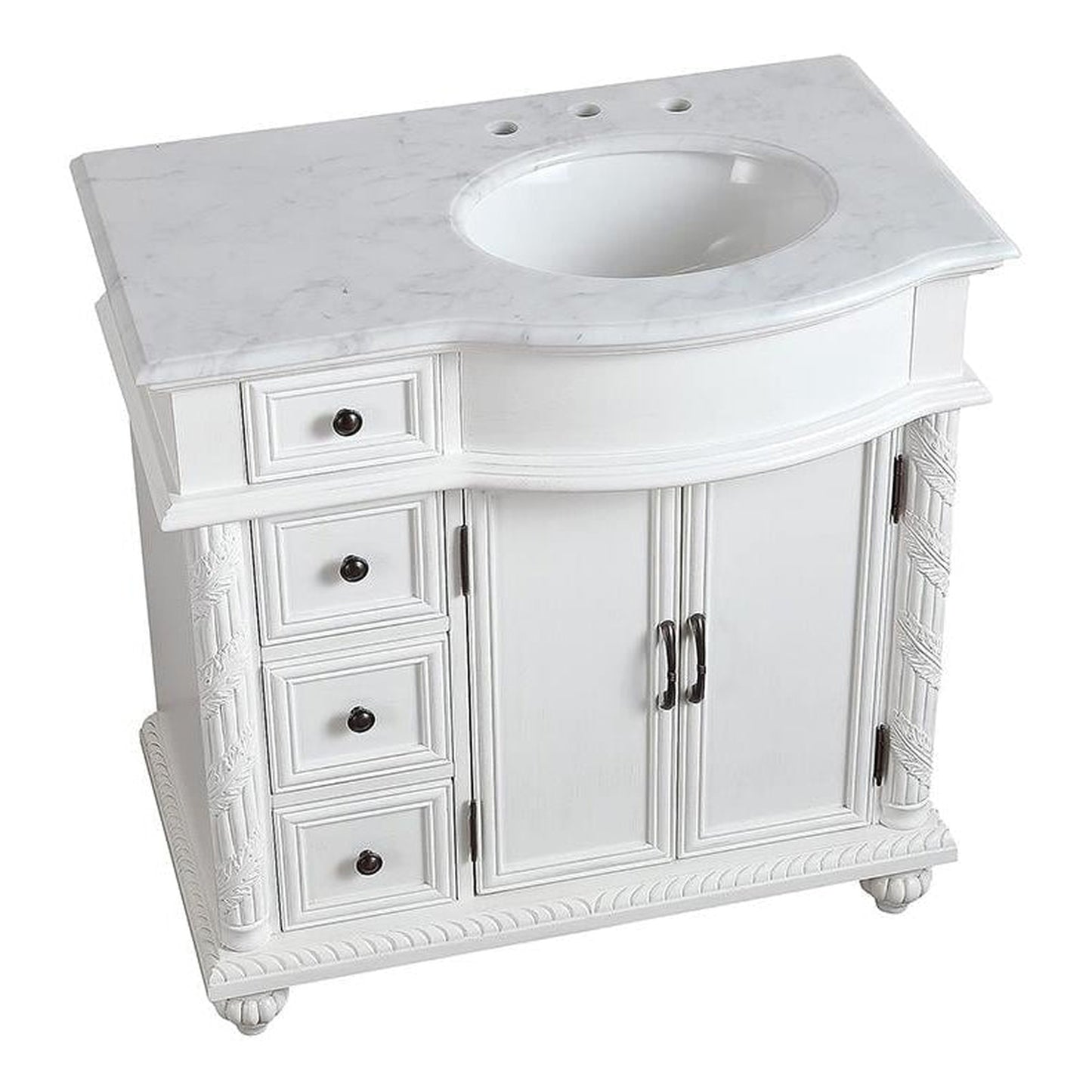 Silkroad Exclusive 36" Single Right Sink Antique White Bathroom Vanity With Carrara White Marble Countertop and White Ceramic Undermount Sink