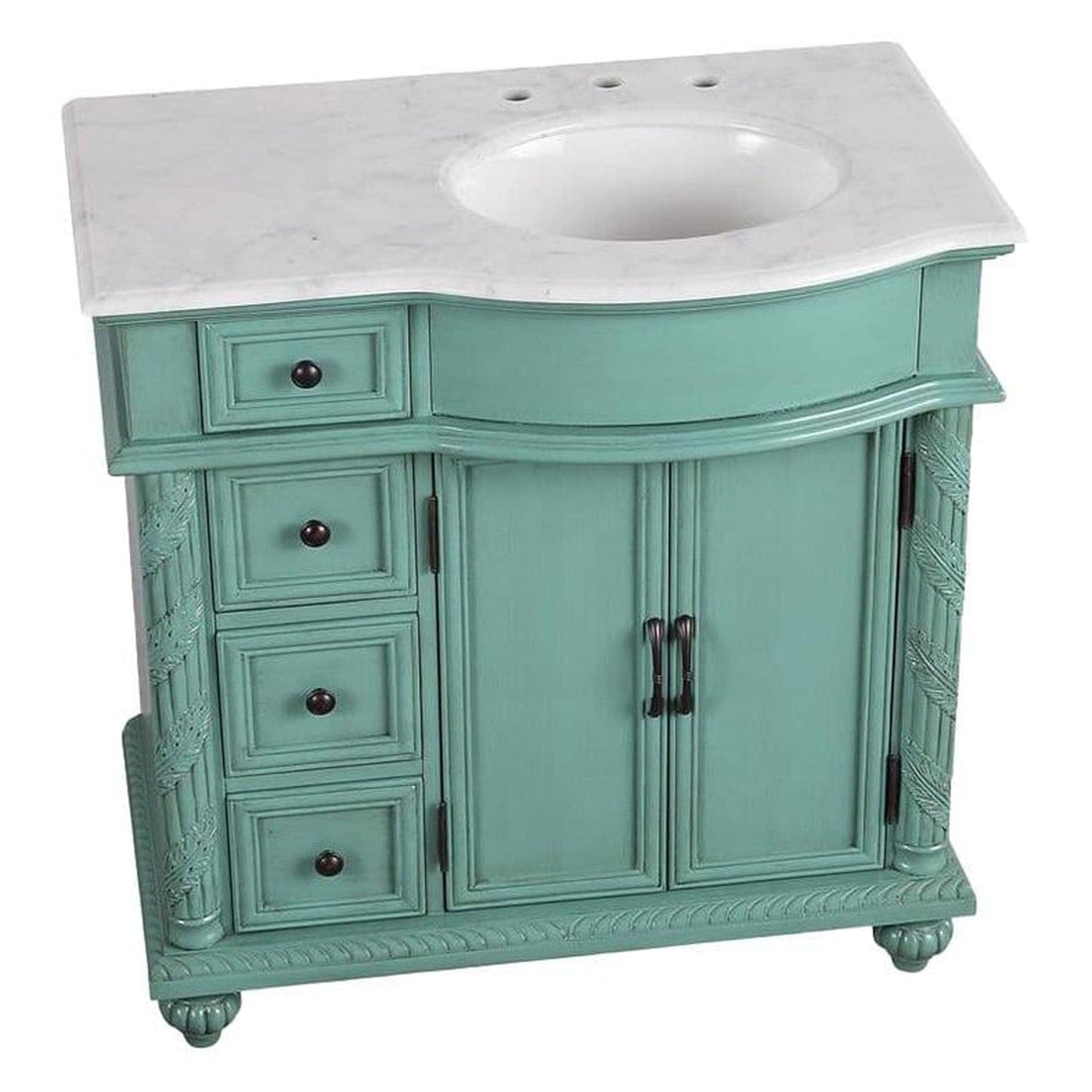 Silkroad Exclusive 36" Single Right Sink Vintage Green Bathroom Vanity With Carrara White Marble Countertop and White Ceramic Undermount Sink