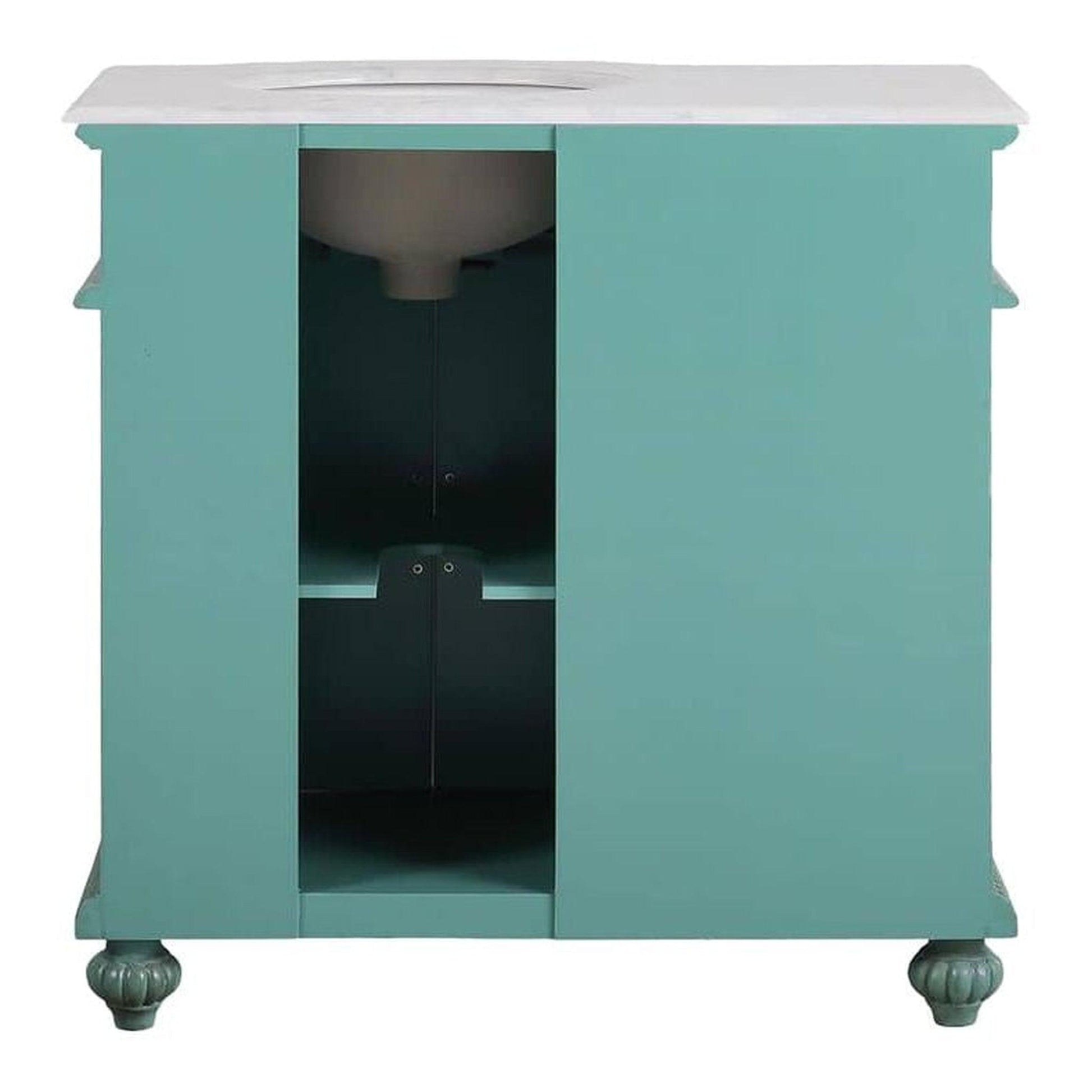 Silkroad Exclusive 36" Single Right Sink Vintage Green Bathroom Vanity With Carrara White Marble Countertop and White Ceramic Undermount Sink