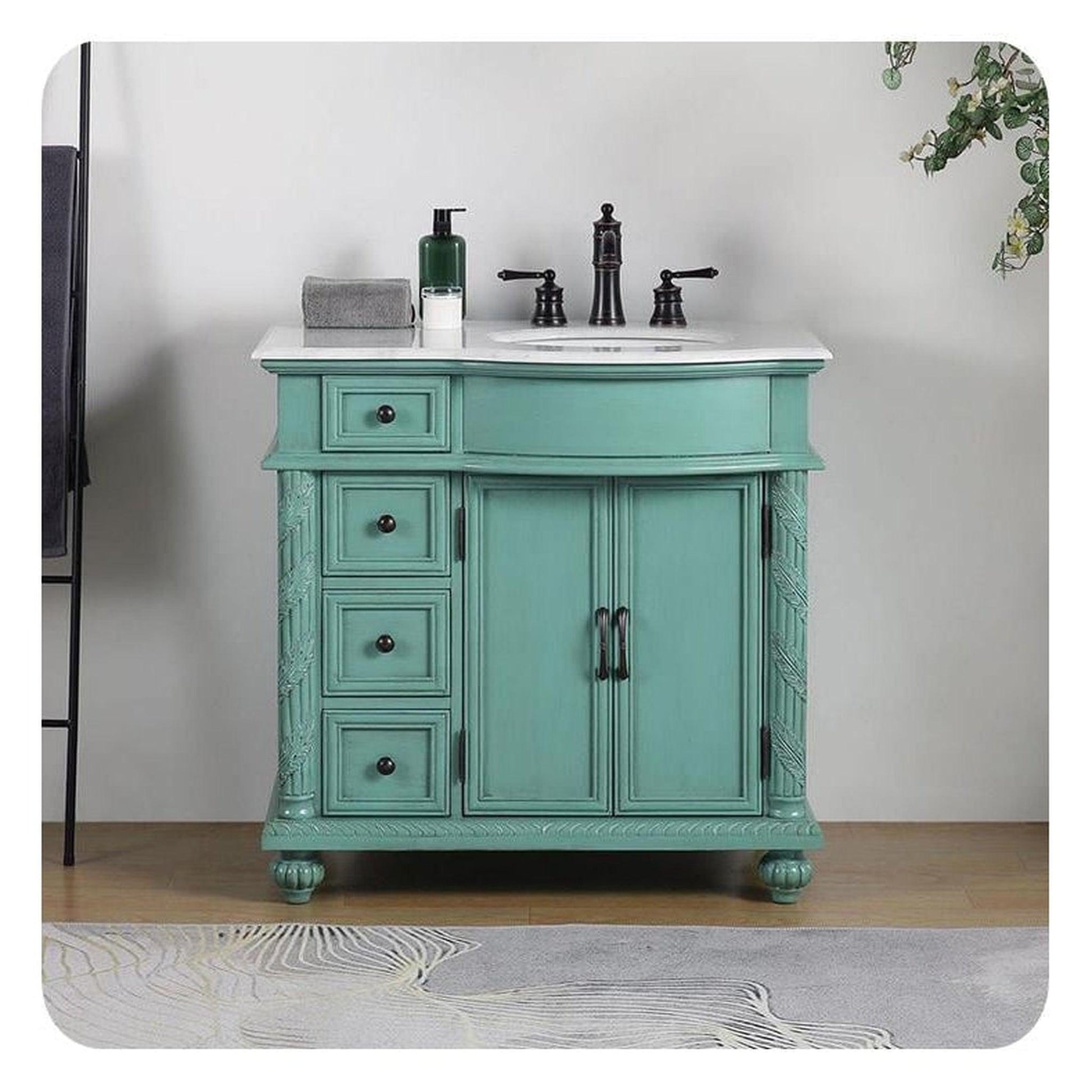 Silkroad Exclusive 36" Single Right Sink Vintage Green Bathroom Vanity With Carrara White Marble Countertop and White Ceramic Undermount Sink