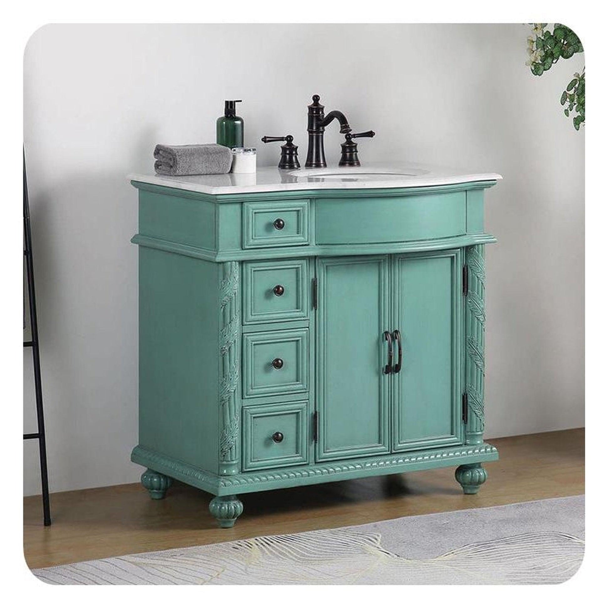 Silkroad Exclusive 36" Single Right Sink Vintage Green Bathroom Vanity With Carrara White Marble Countertop and White Ceramic Undermount Sink