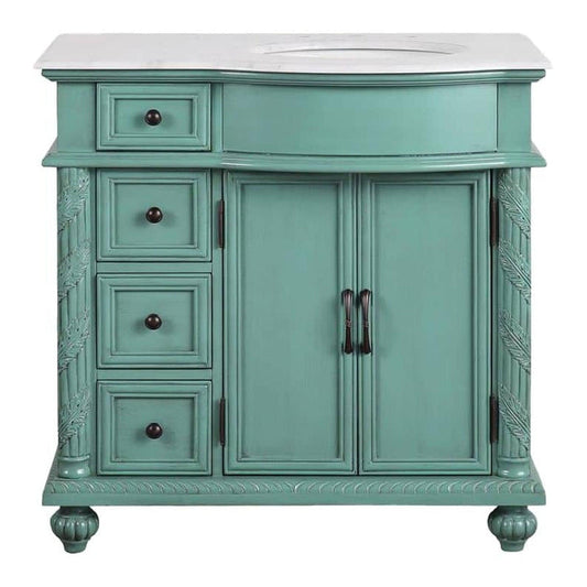 Silkroad Exclusive 36" Single Right Sink Vintage Green Bathroom Vanity With Carrara White Marble Countertop and White Ceramic Undermount Sink