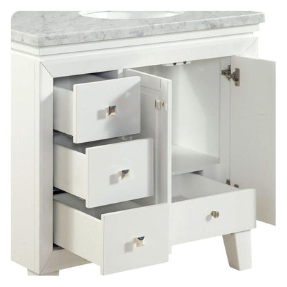 Silkroad Exclusive 36" Single Right Sink White Bathroom Vanity With Carrara White Marble Countertop and White Ceramic Undermount Sink